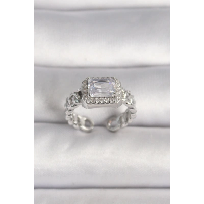 Pirinç Gümüş Renk Ayarlanabilir Zincir Kare Zirkon Taşlı Kadın Yüzük