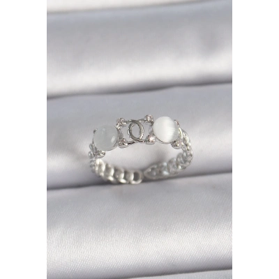 Pirinç Gümüş Renk Ayarlanabilir Zirkon Taşlı Beyaz Mineli Birleşik Halka Model Kadın Yüzük