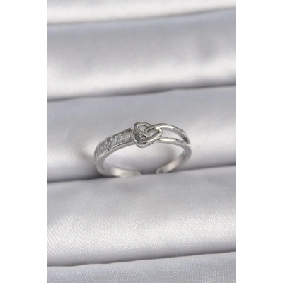 Pirinç Gümüş Renk Ayarlanabilir Zirkon Taşlı Düğüm Kalp Model Kadın Yüzük