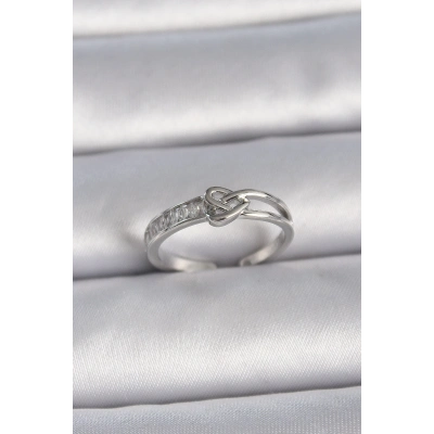 Pirinç Gümüş Renk Ayarlanabilir Zirkon Taşlı Düğüm Kalp Model Kadın Yüzük