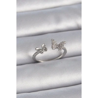 Pirinç Gümüş Renk Ayarlanabilir Zirkon Taşlı Kelebek Model Kadın Yüzük