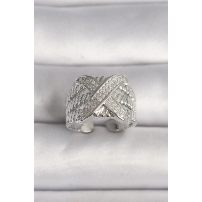 Pirinç Gümüş Renk Ayarlanabilir Zirkon Taşlı X Model Kadın Yüzük