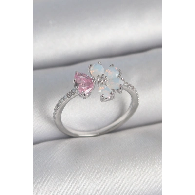 Pirinç Gümüş Renk Beyaz Mineli Pembe Zirkon Taşlı Çiçek Model Kadın Yüzük