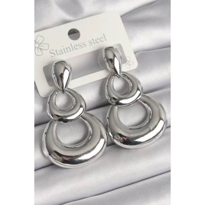 Pirinç Gümüş Renk Damla Detay Sallantı Halka Model Kadın Küpe