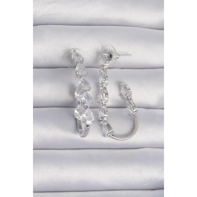 Pirinç Gümüş Renk Damla Zirkon Taş Tasarımlı Küpe