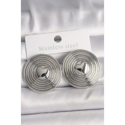 Pirinç Gümüş Renk Kalp İşlemeli Daire Plaka Model Kadın Küpe