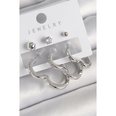 Pirinç Gümüş Renk Kalp Model Zirkon Taş Topçuk Detay Kadın Küpe Seti