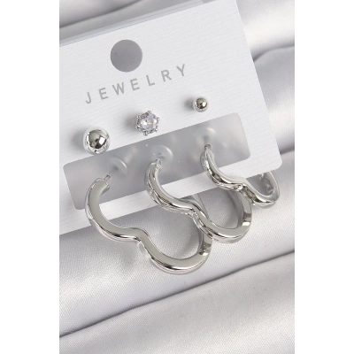 Pirinç Gümüş Renk Kalp Model Zirkon Taş Topçuk Detay Kadın Küpe Seti