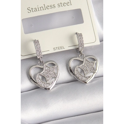 Pirinç Gümüş Renk Kalp Model Zirkon Taşlı Ay Yıldız İşlemeli Kadın Küpe