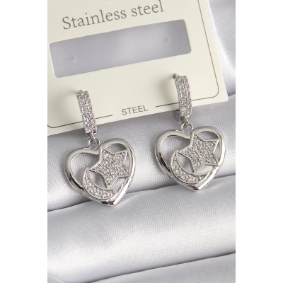 Pirinç Gümüş Renk Kalp Model Zirkon Taşlı Ay Yıldız İşlemeli Kadın Küpe