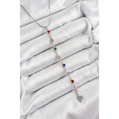 Pirinç Gümüş Renk Karışık Renk Zirkon Taşlı Kalpli Y Kadın Kolye