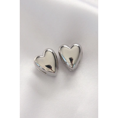 Pirinç Gümüş Renk Minimal Bombeli Kalp Küpe