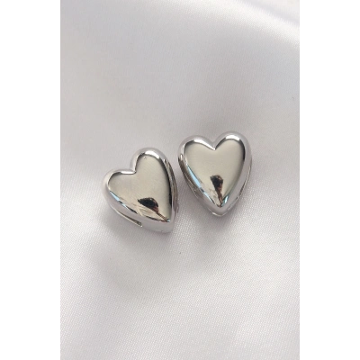 Pirinç Gümüş Renk Minimal Bombeli Kalp Küpe