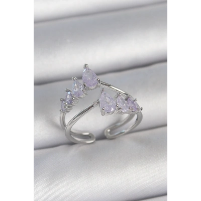 Pirinç Gümüş Renk Mor Damla Zirkon Taşlı Taç Model Kadın Yüzük