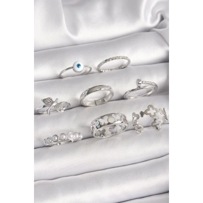 Pirinç Gümüş Renk Nazar Boncuk Detay İncili Kelebek İşlemeli Kadın Yüzük Kombini