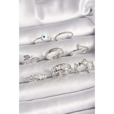 Pirinç Gümüş Renk Nazar Boncuk Detay İncili Kelebek İşlemeli Kadın Yüzük Kombini