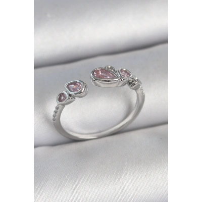 Pirinç Gümüş Renk Pembe Damla Zirkon Taşlı Ayarlanabilir Model Kadın Yüzük
