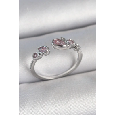 Pirinç Gümüş Renk Pembe Damla Zirkon Taşlı Ayarlanabilir Model Kadın Yüzük