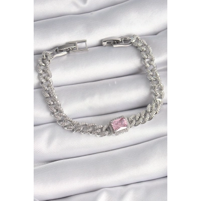 Pirinç Gümüş Renk Pembe Kare Zirkon Taşlı VIP Seri Kadın Bileklik