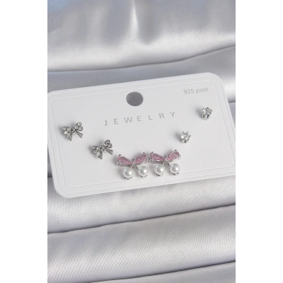 Pirinç Gümüş Renk Pembe Zirkon Taşlı Kurdele Model İnci Detay 925 Ayar Gümüş Çivi Kadın Küpe Seti