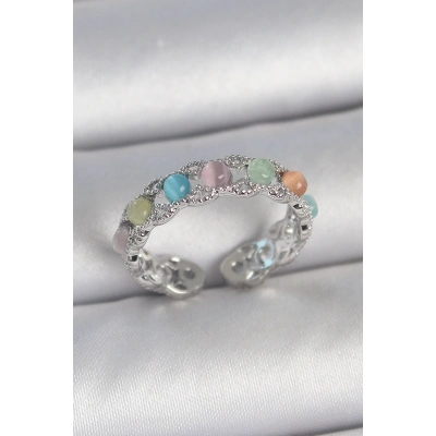 Pirinç Gümüş Renk Renkli Mineli Ayarlanabilir Kadın Yüzük