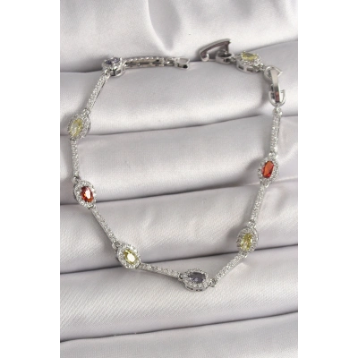 Pirinç Gümüş Renk Renkli Zirkon Taşlı Damla Taş Model Kadın Bileklik