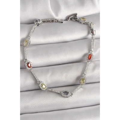 Pirinç Gümüş Renk Renkli Zirkon Taşlı Damla Taş Model Kadın Bileklik