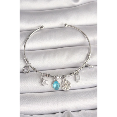 Pirinç Gümüş Renk Sallantı Pusula Figür Kalp Detay Charm Kadın Bileklik