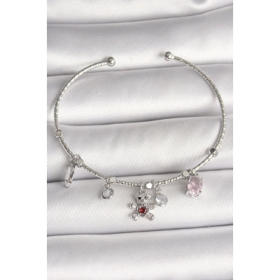 Pirinç Gümüş Renk Sallantı Zirkon Taşlı Ayıcık Figür Kırmızı Taş Detay Charm Kadın Bileklik