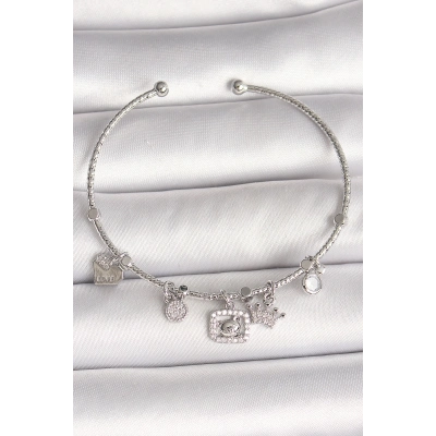 Pirinç Gümüş Renk Sallantı Zirkon Taşlı Ayıcık Figür Taç Detay Charm Kadın Bileklik