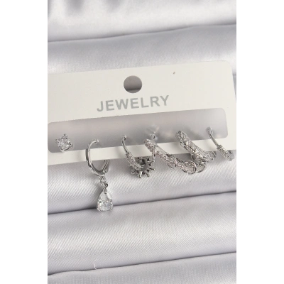 Pirinç Gümüş Renk Sallantı Zirkon Taşlı Halka Model Damla Taş Detay Kadın Küpe Seti