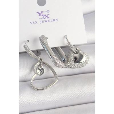 Pirinç Gümüş Renk Sallantı Zirkon Taşlı Kalp Model 3Lü Kadın Kombin Küpe