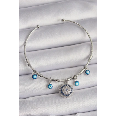 Pirinç Gümüş Renk Sallantı Zirkon Taşlı Nazar Boncuk Figür Charm Bileklik