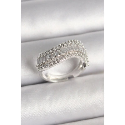 Pirinç Gümüş Renk Su Yolu Zirkon Dalga Model Ayarlanabilir Kadın Yüzük