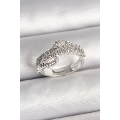 Pirinç Gümüş Renk Su Yolu Zirkon Taşlı Ayarlanabilir Model Kadın Yüzük