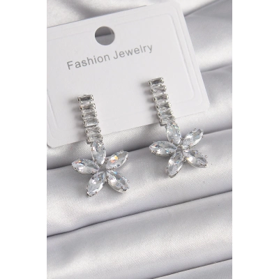 Pirinç Gümüş Renk Su Yolu Zirkon Taşlı Çiçek Model Kadın Küpe