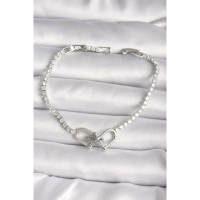 Pirinç Gümüş Renk Su Yolu Zirkon Taşlı Model Kadın Bileklik