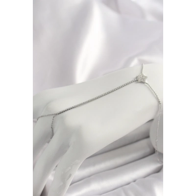 Pirinç Gümüş Renk Su Yolu Zirkon Taşlı Yıldız Model Kadın Şahmeran