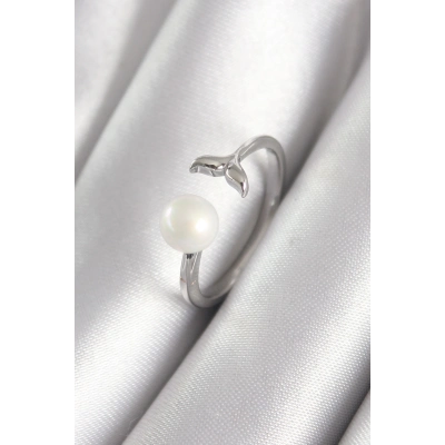 Pirinç Gümüş Renk Top İnci Figür Balık Kuyruğu Model Kadın Yüzük