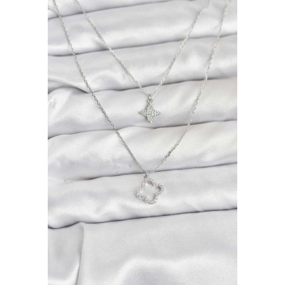 Pirinç Gümüş Renk Yonca Model 2li Kadın Kolye