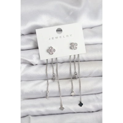 Pirinç Gümüş Renk Yonca Model Sallantılı Kadın Küpe