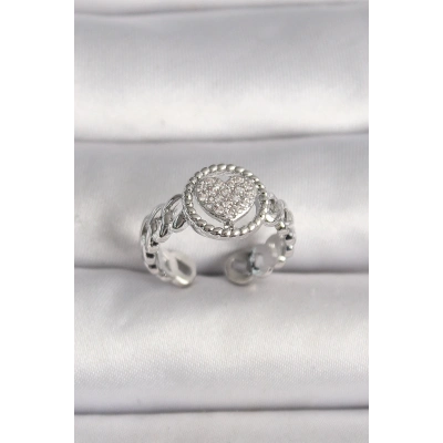 Pirinç Gümüş Renk Zincir Model Zirkon Taşlı Kalp Model Kadın Yüzük