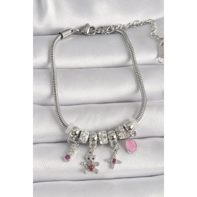 Pirinç Gümüş Renk Zincir Sallantı Zirkon Taşlı Ayıcık Figür Yıldız Detay Kadın Bileklik