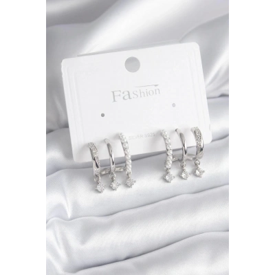 Pirinç Gümüş Renk Zirkon Taş Detay İncili Kadın Küpe