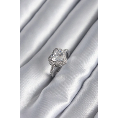 Pirinç Gümüş Renk Zirkon Taş Kalp Charm Model Kadın Yüzük