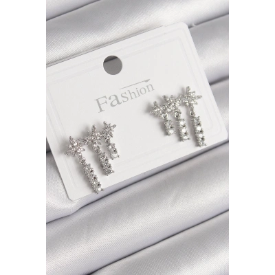 Pirinç Gümüş Renk Zirkon Taşlı 3Lü Sallantı Yıldız Model Kadın Küpe