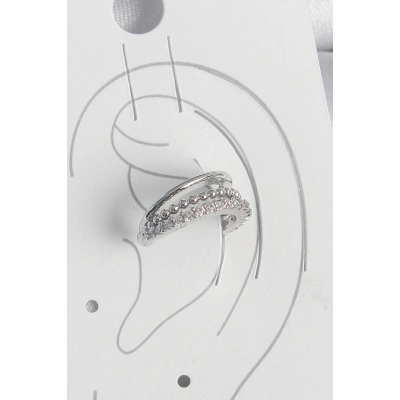 Pirinç Gümüş Renk Zirkon Taşlı 3Lü Sıralı Kadın Kıkırdak Küpe