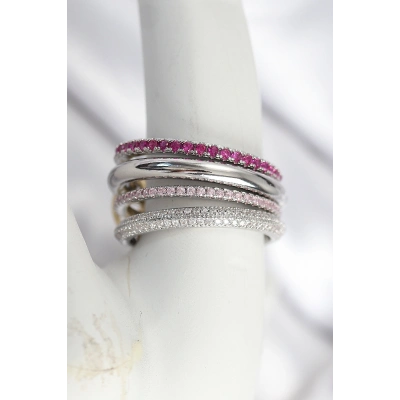 Pirinç Gümüş Renk Zirkon Taşlı 4Lü Kadın Yüzük