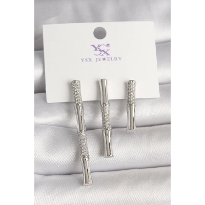 Pirinç Gümüş Renk Zirkon Taşlı Bambu Model 3Lü Kadın Kombin Küpe