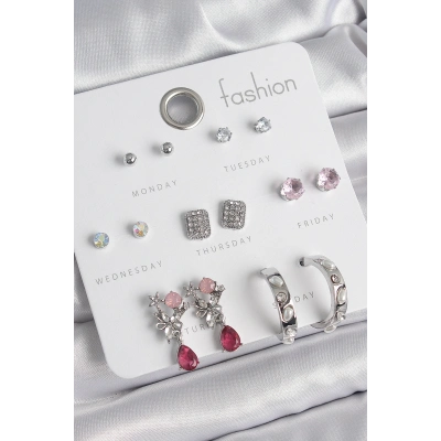 Pirinç Gümüş Renk Zirkon Taşlı Çiçek Figür İncili Halka Detay 7 Çift Kadın Küpe Seti